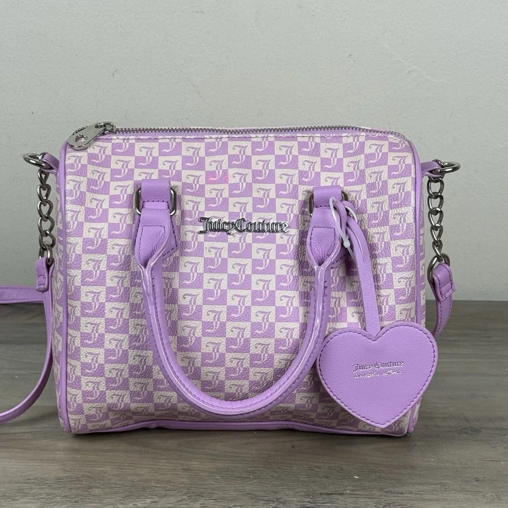 Juicy Couture Pink Purple Logo Satchel Top Handle Zip Bag Heart Charm Strap READ